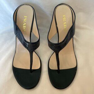Prada Patent Leather Heeled Black Sandals